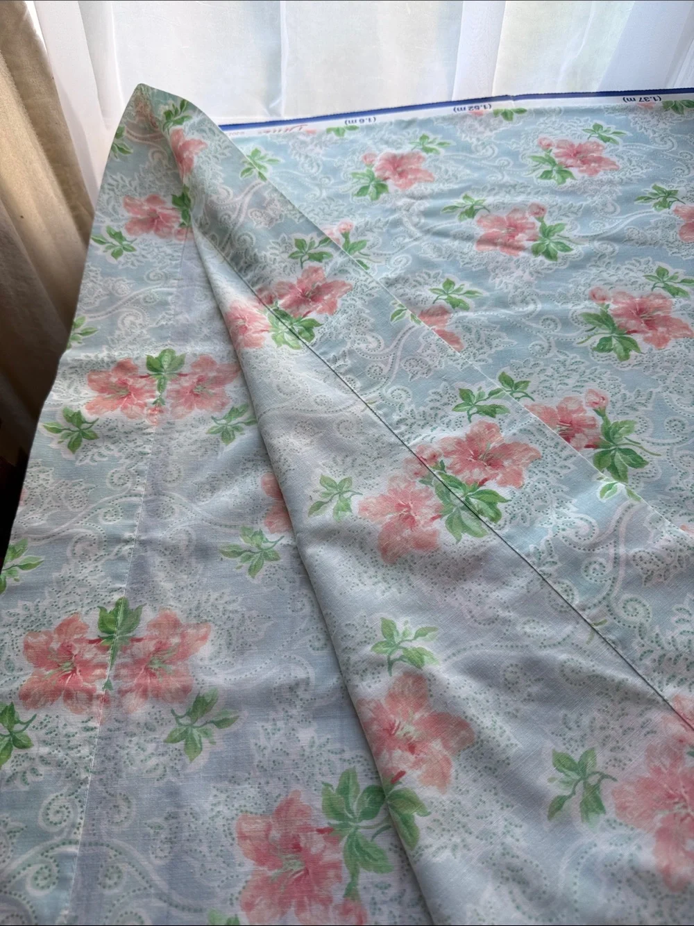 Vintage Blue Pink Floral Cotton Blend Fabric/Flat Sheet 2.5+ Yards x 72” Wide